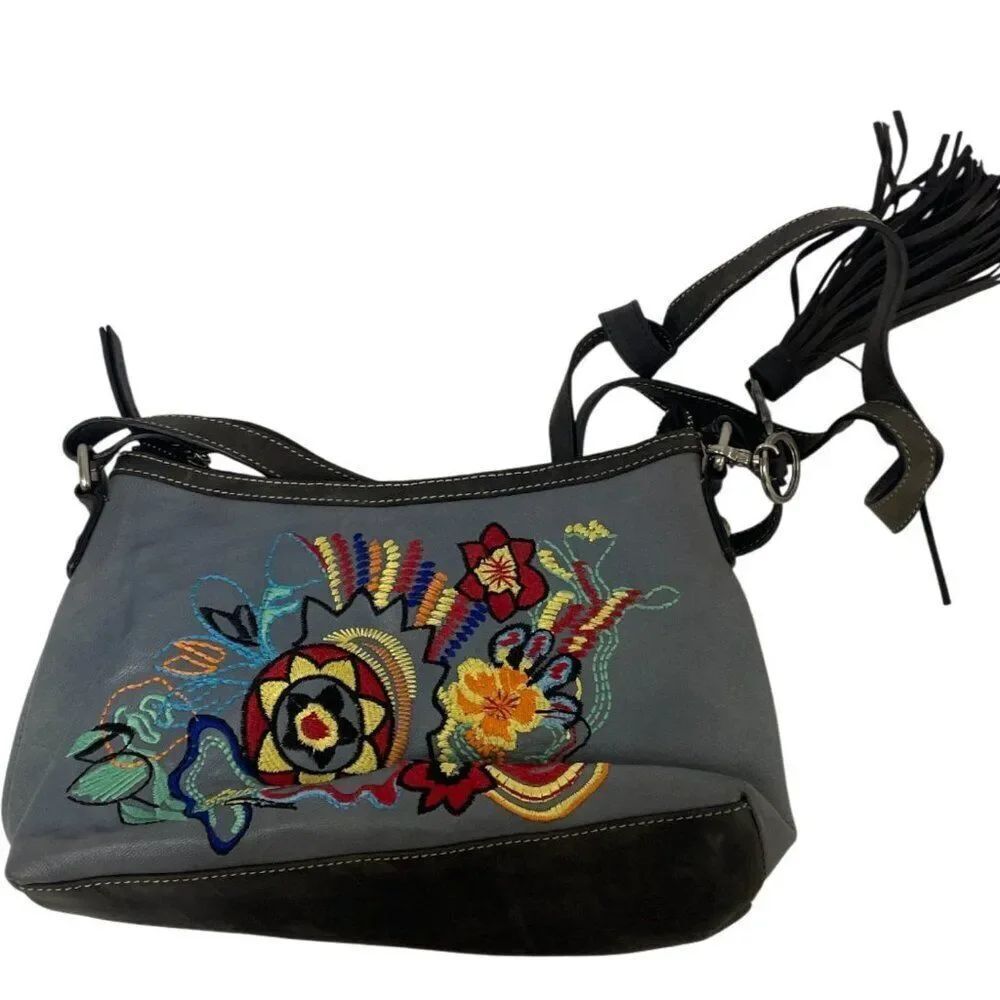 Fun Firenze Bella Womens Shoulder Bag Gray Floral Embroidered Tassel Crossbody